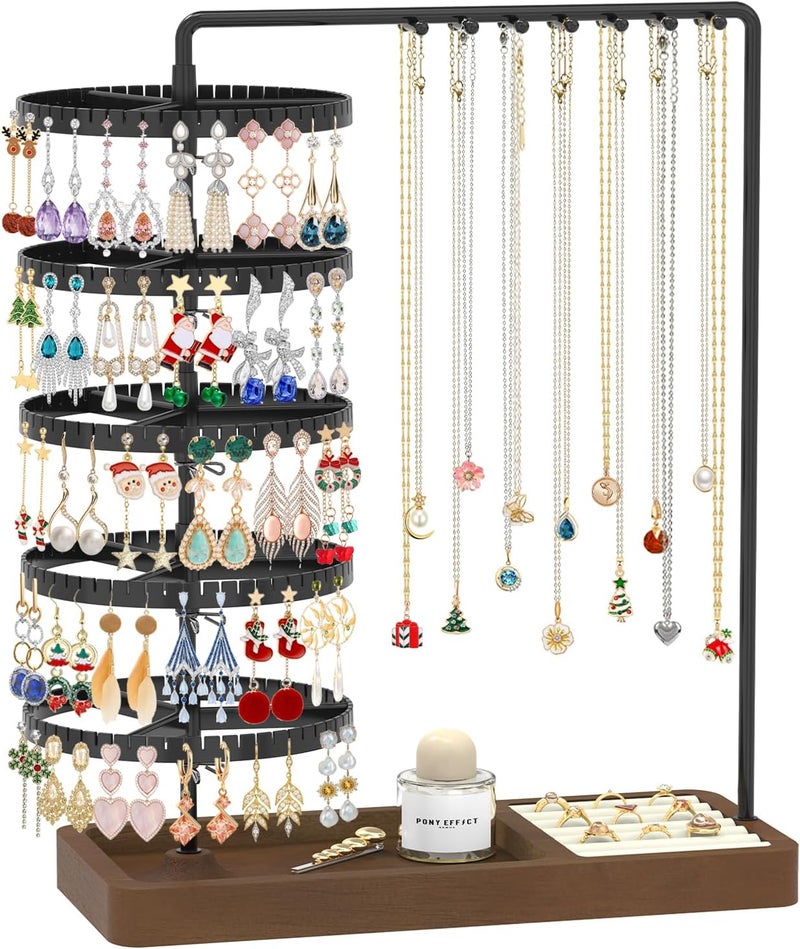 MODOWEY Earring Holder Organizer Jewelry Stand, 285 U-Slots Adjustable Rotating Earring Tree Rack, 14 Hooks Tall Necklace Display for Women, 5 Tier Compact Large Capacity Tower with Ring Tray, Black - Image 1